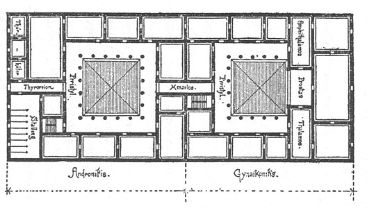 Plànol d'una casa grega, en De architectura de Vitrubi. En l'entrada, l'andron (ανδρῶν, «zona masculina»), al voltant d'un peristil; al fons, al voltant d'un altre peristil, el gineceu (γυναικεῖον, «zona femenina»), amb el thalamos (θάλαμος, «dormitori» o «habitació de matrimoni»)