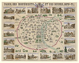 Plan de Paris entouré de dessins de monuments en ruines.