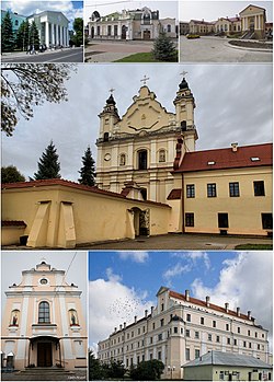 Top:Pinsk State Agrarian-Technical College Named After A.E. Kleschev, Paliessie Drama Theater, Palace of Butrymowicz, Center:Pinsk Blessed Virgin Mary's Cathedral, Bottom:Pinsk Saint Barbara Church, Pinsky Jesuit Collegium (all item from left to right)