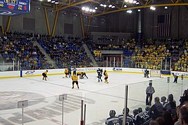 The Quinnipiac Bobcats men's ice hockey team battles Dartmouth College at the then-named TD Banknorth Sports Center, February 2007. Quinnipiac student section is on right. TDBanknorthSportsCenterHockey.jpg