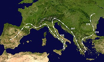 Die ungefähre Route des Zugs der Westgoten bis 418