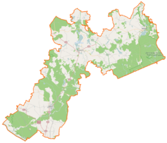 Mapa konturowa powiatu myśliborskiego, blisko centrum u góry znajduje się punkt z opisem „Dawny klasztor Dominikanów w Myśliborzu”