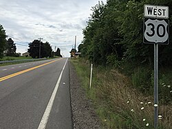 View west along U.S. Route 30 at West Virginia State Route 8 in Lawrenceville