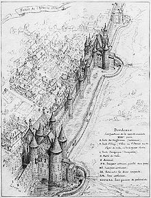 Dessin des remparts surplombant la Garonne. En fond, on distingue quelques bâtiments d'habitation.