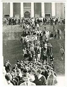 UCT's students descending to the Bremner Building after surrounding Jameson Hall (today's Sarah Baartman Hall) Protests UCT 1968.jpg