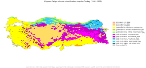 map of Turkey, roughly a horizontal rectangle, showing a complex pattern of climate types, including a fair amount of cold especially in the north and east