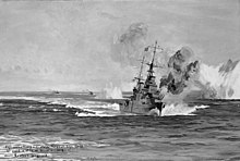 Fiji under heavy air attack (Painting by Lieutenant Commander Rowland Langmaid RN) Pictures For Illustrating Ritchie Ii Book. November and December 1942, Alexandria, Pictures of Paintings by Lieutenant Commander R Langmaid, Rn, Official Fleet Artist. These Pictures Are For Illustrating a Nava A13645.jpg