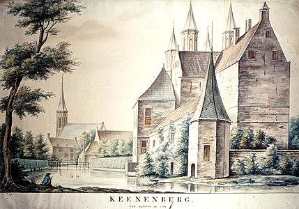 Keenenburg op een aquarel van E. van der Burgh in 1728. Op de achtergrond links de kerk van Schipluiden.