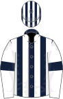 Dark blue and white stripes, white sleeves, blue armlets, striped cap