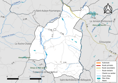 Carte en couleur présentant le réseau hydrographique de la commune