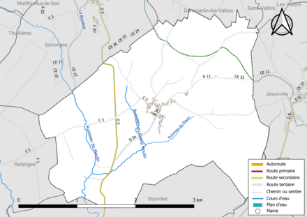 Carte en couleur présentant le réseau hydrographique de la commune