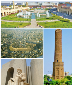 Theo chiều kim đồng hồ: đường phố, Mudhafaria Minaret, tượng Ibn al-Mustawfi, và thành Erbil