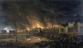 Maleri som viser den store brannen i London, 4. september 1666, som sett fra en båt i nærheten av kaianlegget i London