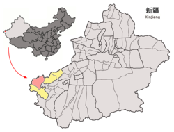 Ulugqat County (red) within Kizilsu Prefecture (yellow) and Xinjiang