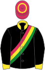 Black, cherry, yellow and green sash, yellow collar and cuffs, cherry cap, yellow hoop