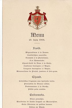 Menu du palais royal de Christiania (Oslo), avec les armoiries de la famille royale, en 1906.