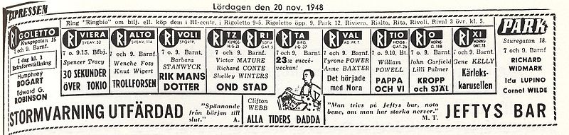 Ri-Teatrarnas biografannonser i Expressen lördagen den 20 november 1948.