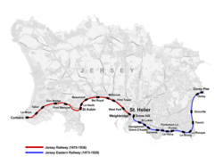 Map of the former railway lines of Jersey Jersey Railway map.png