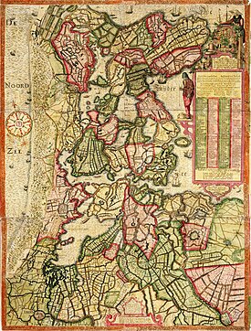 Kaart van Joost Jansz. Bilhamer van het noorden van Holland uit 1575, met vele meren en andere wateren; nog voor de aanleg van vele inpolderingen en droogmakerijen.