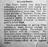 1893 report of a young woman (Lena Aronsohn) in Louisiana set to become "a lady rabbi" (Shreveport Times, July 7, 1893)