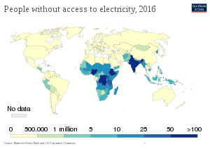 Map of people with access to energy. Lack of access is most pronounced in India, Sub-Saharan Africa and South-East Asia.