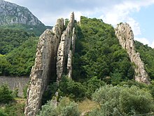 Vertically-tilted layers of Lower Cretaceous limestone of the Ritlite natural landmark in Lyutibrod Ritlite-3.jpg