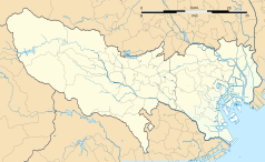 Mapa konturowa prefektury Tokio, w centrum znajduje się punkt z opisem „Kodaira”