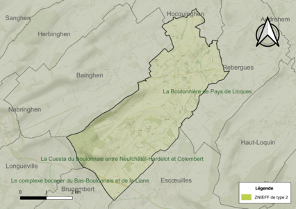 Carte des ZNIEFF de type 2 sur la commune.