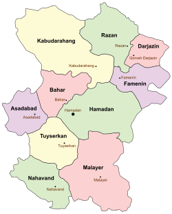 Location of Nahavand County in Hamadan province (bottom, green)