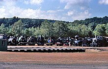 a photograph of locomotives at the turntable at Steamtown, USA, Bellows Falls, Vermont