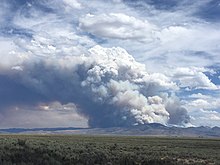 An enormous gray and brown smoke plume turns into white convective clouds as it rises from distant hills against a blue sky with high white clouds, with flat scrubland in the foreground.