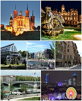 Top: Basilica of Notre-Dame de Fourvière, Place des Terreaux with Fontaine Bartholdi and Lyon City Hall at night. Centre: Parc de la Tête d'Or, Confluence district and the Vieux Lyon. Bottom: Pont Lafayette, Part-Dieu district with the Place Bellecour in foreground during Festival of Lights.