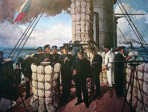 L'Amiral Togo sur le pont du Mikasa avec son état-major.