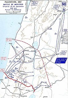 Map showing the advance of Macandrew's division along the coast of the Mediterranean between 19 and 25 September, including the route through Haifa and Acre