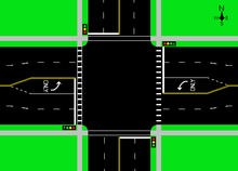 intersection of two-way streets as seen from above (traffic flows on the right side of the road). The east-west street has left turn lanes from both directions, but the north-south street does not have left turn lanes at this intersection. The east-west street traffic lights also have green left turn arrows to show when unhindered left turns can be made. Some possible markings for crosswalks are shown. Street Intersection diagram.PNG