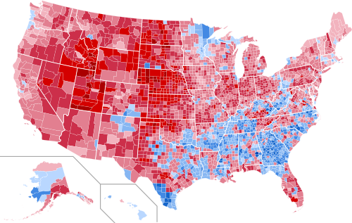 Results by county, shaded according to winning candidate's percentage of the vote