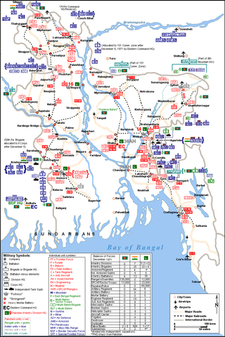 Location of Mitro Bahini and Pakistani units in December 1971. Some unit locations are not shown. Map not to exact scale Banoob71.PNG