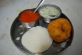 A common South Indian breakfast: idli, medu vada, sambar and coconut chutney