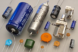 <span class="mw-page-title-main">Capacitor</span> Passive two-terminal electronic component that stores electrical energy in an electric field