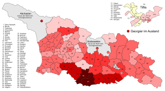 Stimmenanteile von Saakaschwilis Vereinter Nationaler Bewegung. Die höchsten Stimmenanteile erzielte Saakaschwilis Partei in den südlichen (vor allem Samzche-Dschawachetien) und mittleren Landesteilen, die niedrigsten in der Hauptstadt Tiflis. ﻿>30–40 % ﻿>40–50 % ﻿>50–60 % ﻿>60–70 % ﻿>70–80 % ﻿>80–90 % ﻿>90 %