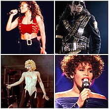 Clockwise from top left: Janet Jackson, Michael Jackson, Whitney Houston and Madonna. Four of the artists who have had the largest recording contracts up to one point. Jackson-Madonna-Houston.jpg