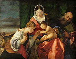 Le Mariage mystique de sainte Catherine d’Alexandrie de Lorenzo Lotto réalisé dans la région des Marches pour une commande locale et arrivé dans la résidence de Würzburg en 1804, aujourd’hui à la Pinacothèque de Munich.