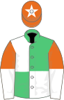 Emerald green and white (quartered), orange and white halved sleeves, orange cap, white star