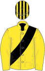 Yellow, black sash, striped cap