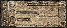 5 dollar banknote inscribed "Five Dollars; Agricultural Bank; Brewer; Maine"