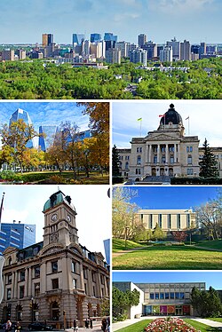 From top, left to right: Downtown Regina skyline, Victoria Park, Saskatchewan Legislative Building, Prince Edward Building, Dr. John Archer Library the Royal Saskatchewan Museum.