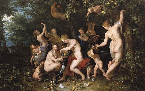 Nimfoj plenigantaj la kornon de abundo, 1615, kun Jan Brueghel la Maljuna