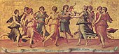 tableau coloré représentant les 9 muses qui dansent avec Appolon, le dieu de la musique