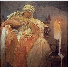 Virino kun kandelo, de Alfons Mucha.