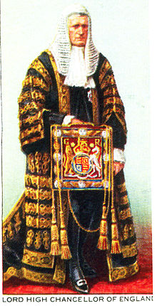 The Lord High Chancellor (Viscount Hailsham), as depicted on a cigarette card produced for the Coronation of King George VI and Queen Elizabeth in 1937. His ceremonial purse would once have contained the Great Seal of the Realm. Player's cigarettes 19 Lord High Chancellor of England.jpg